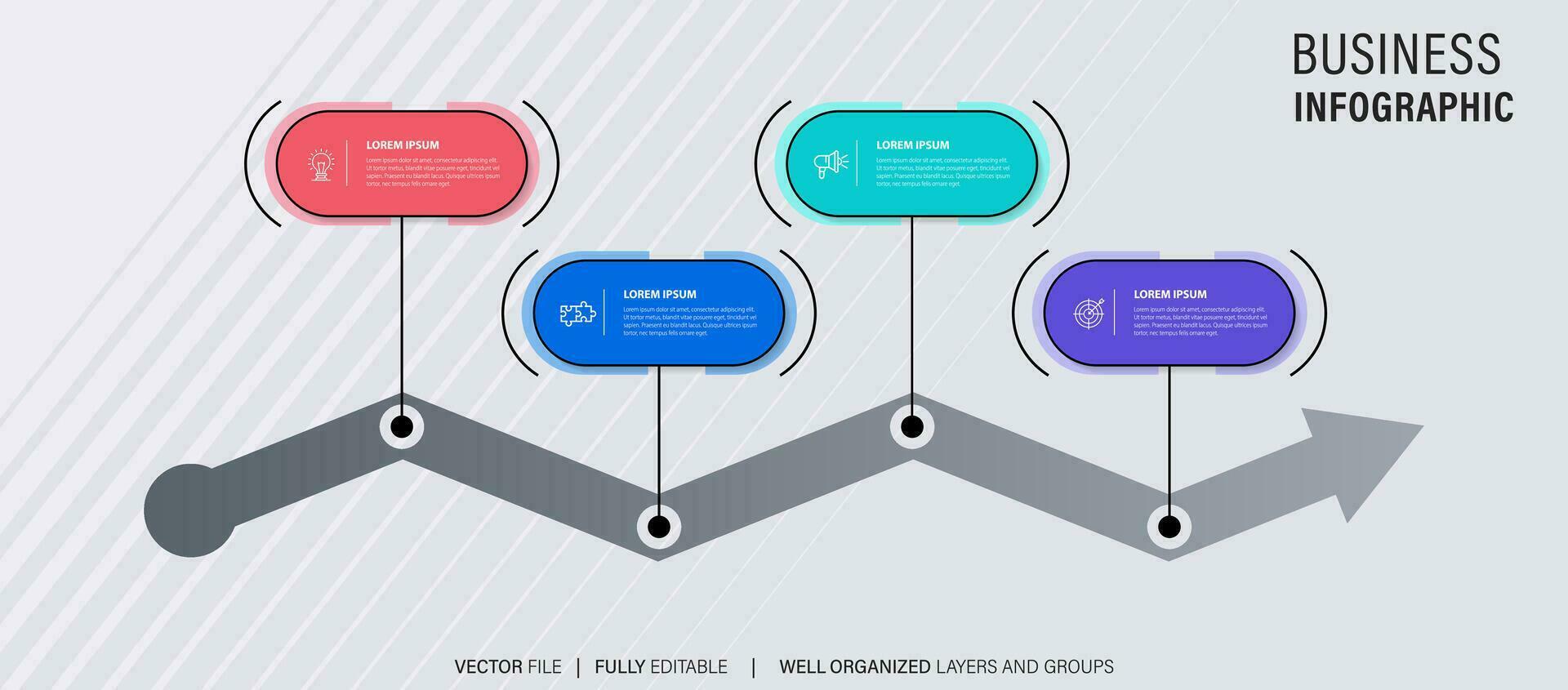 Linha do tempo infográfico com infográfico. moderno apresentação modelo com 4 spets para o negócio processo. local na rede Internet modelo em branco fundo para conceito moderno Projeto. horizontal layout. vetor