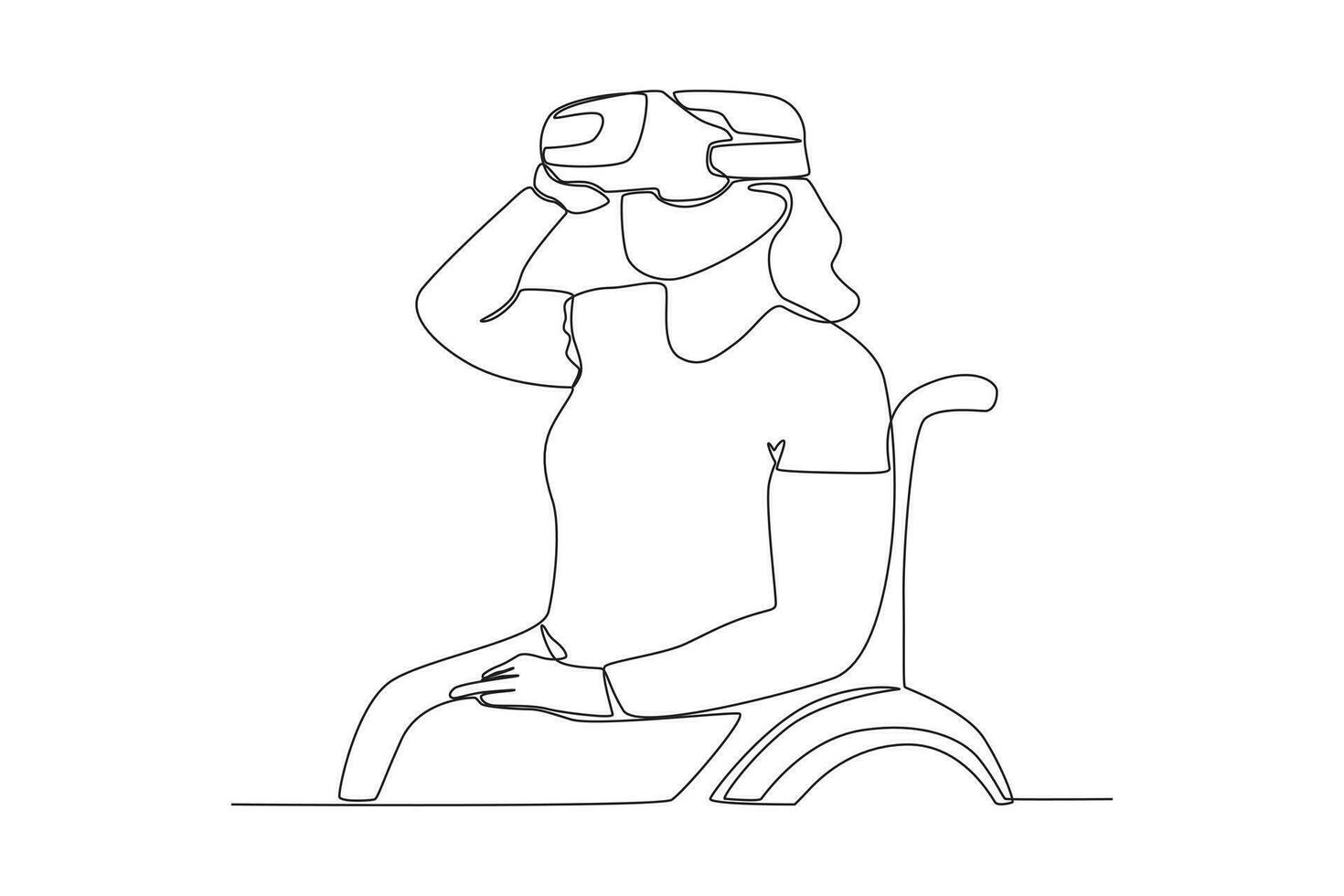 solteiro contínuo linha desenhando do uma em cadeira de rodas mulher trabalhando Como uma jogos testador teste uma jogos usando uma vr fone de ouvido vetor