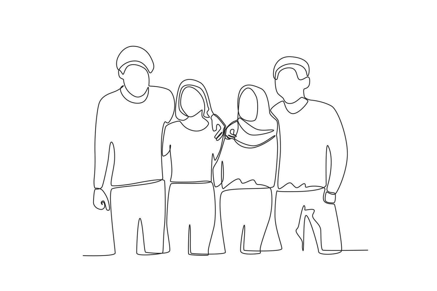 solteiro contínuo linha desenhando do quatro amigos abraçando cada de outros vetor