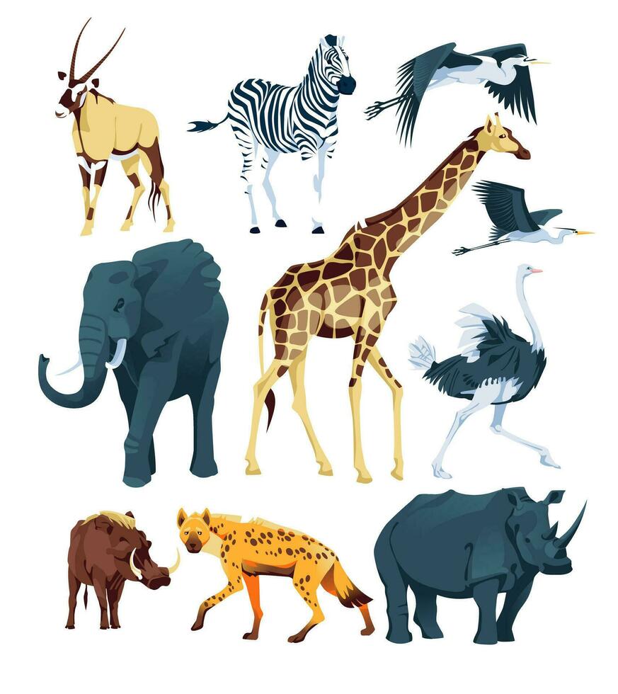 selvagem africano animais conjunto em uma branco fundo elefante, girafa, guepardo, órix antílope, zebra, avestruz, hipopótamo, hiena, javali, garça vetor