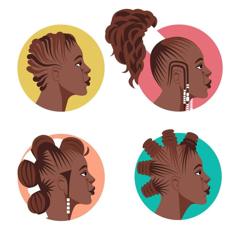 conjunto do rostos do Preto mulheres com diferente tradicional africano penteados. ótimo para avatares, beleza salões. plano desenho animado vetor ilustração