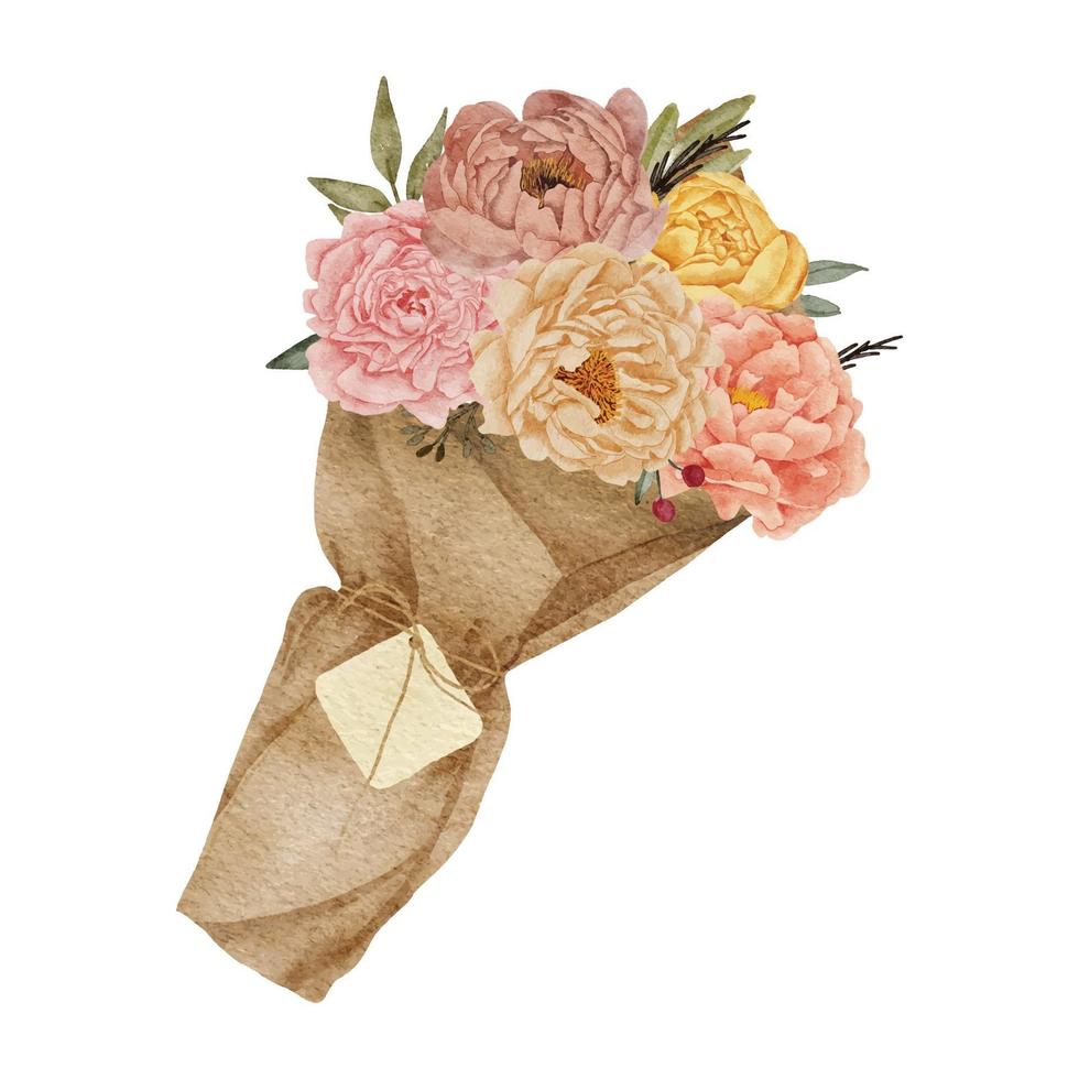 buquê de flores de peônia com ilustração em aquarela de embrulho de papel vetor