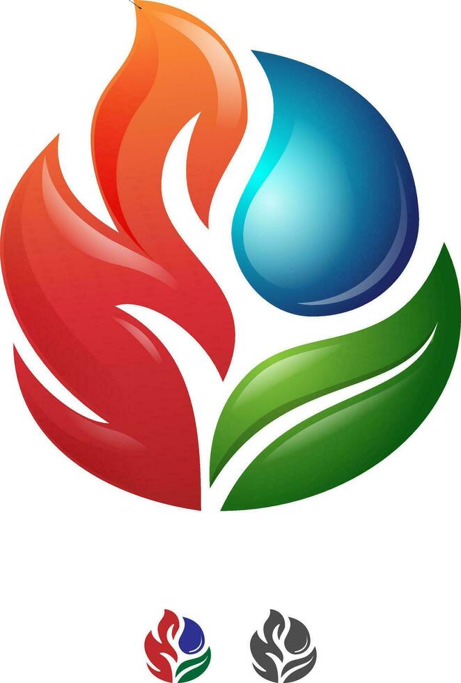 fogo, folha, água logotipo ícone placa emblema reciclar renovável energia fontes vetor