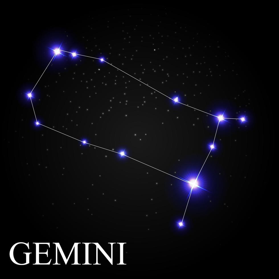 Ilustração vetorial signo geminiano com lindas estrelas brilhantes no fundo do céu cósmico vetor