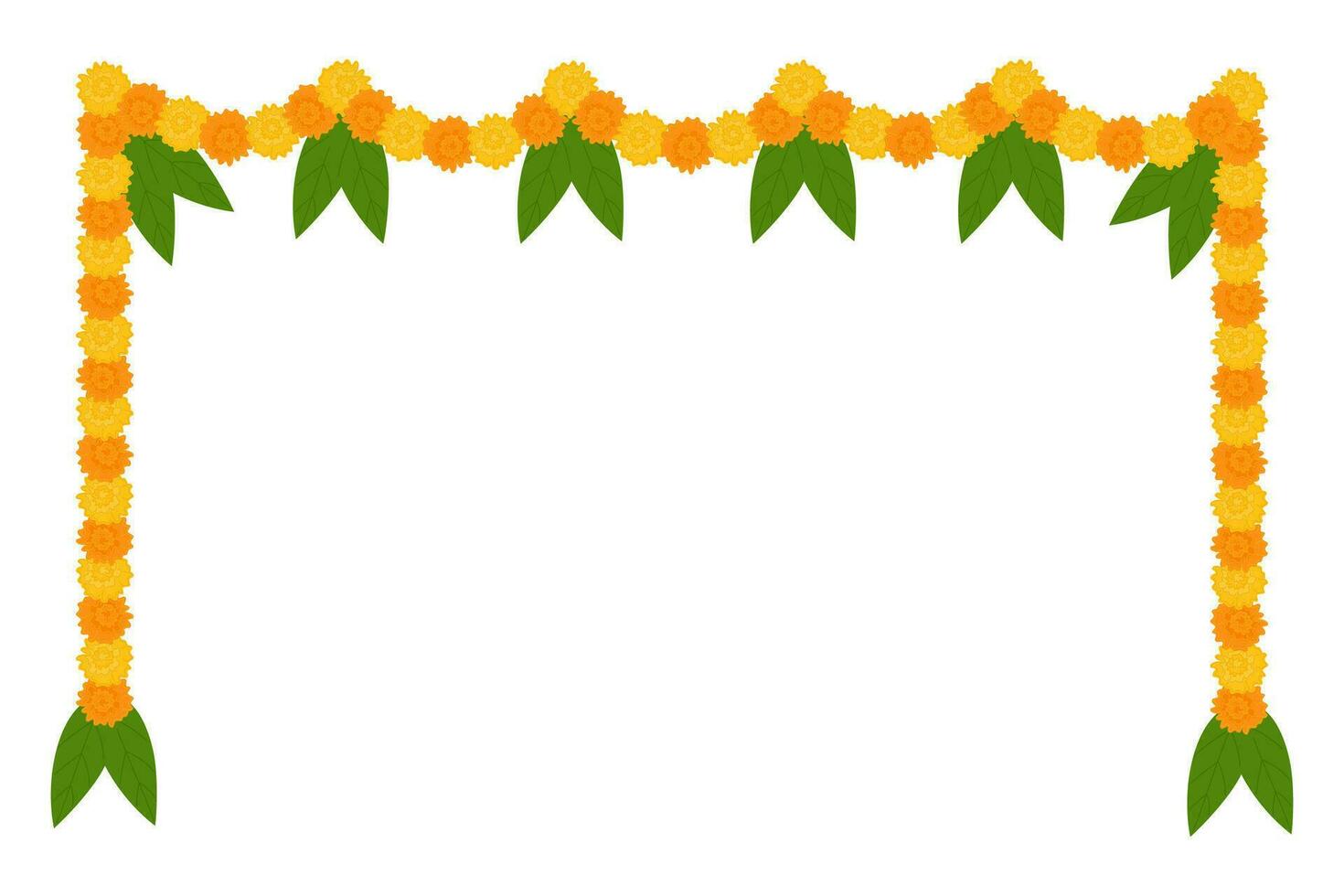 guirlanda de flores indianas tradicionais com flores de calêndula e folhas de manga. decoração para feriados hindus indianos. ilustração vetorial isolada no fundo branco. vetor