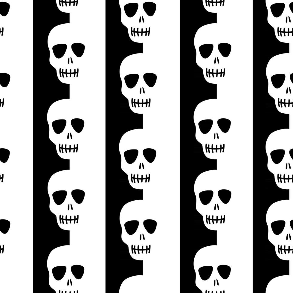 padrão de crânio sem emenda em um fundo listrado preto e branco. padrão listrado com skulls.design para o dia das bruxas, dia dos mortos. ilustração de estoque vetorial vetor