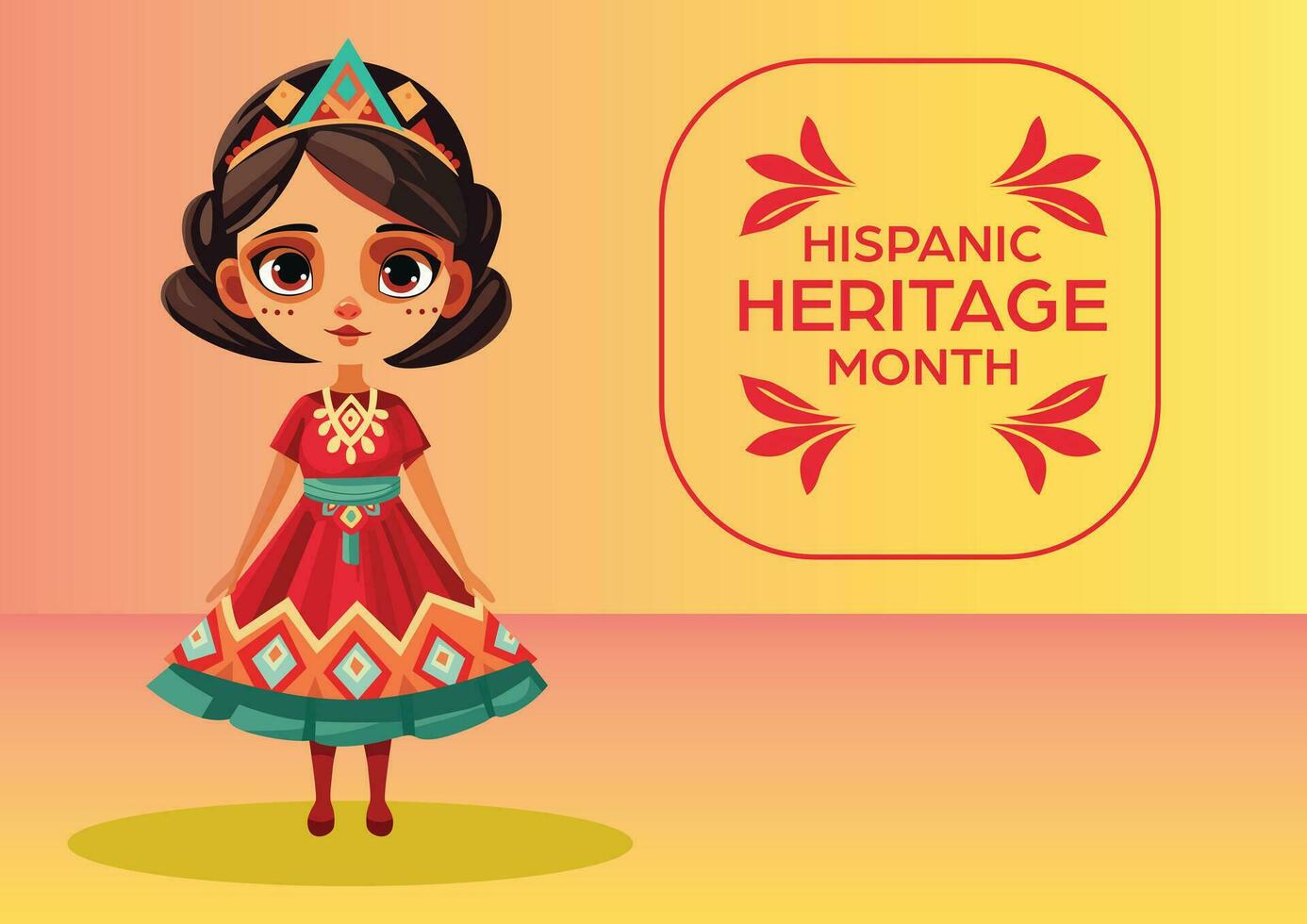 vibrante cartão postal apresentando uma fofa menina dentro hispânico traje para comemoro hispânico herança mês vetor