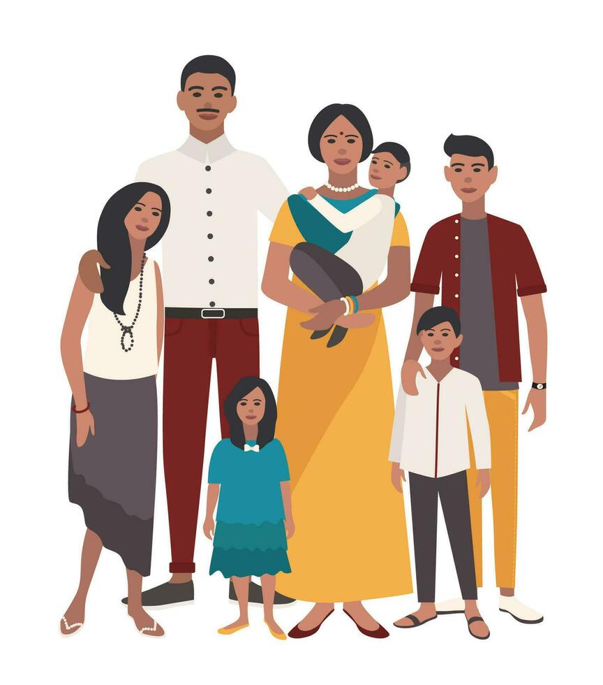 ampla família retrato. indiano mãe, pai e cinco crianças. feliz pessoas com parentes. colorida plano ilustração. vetor