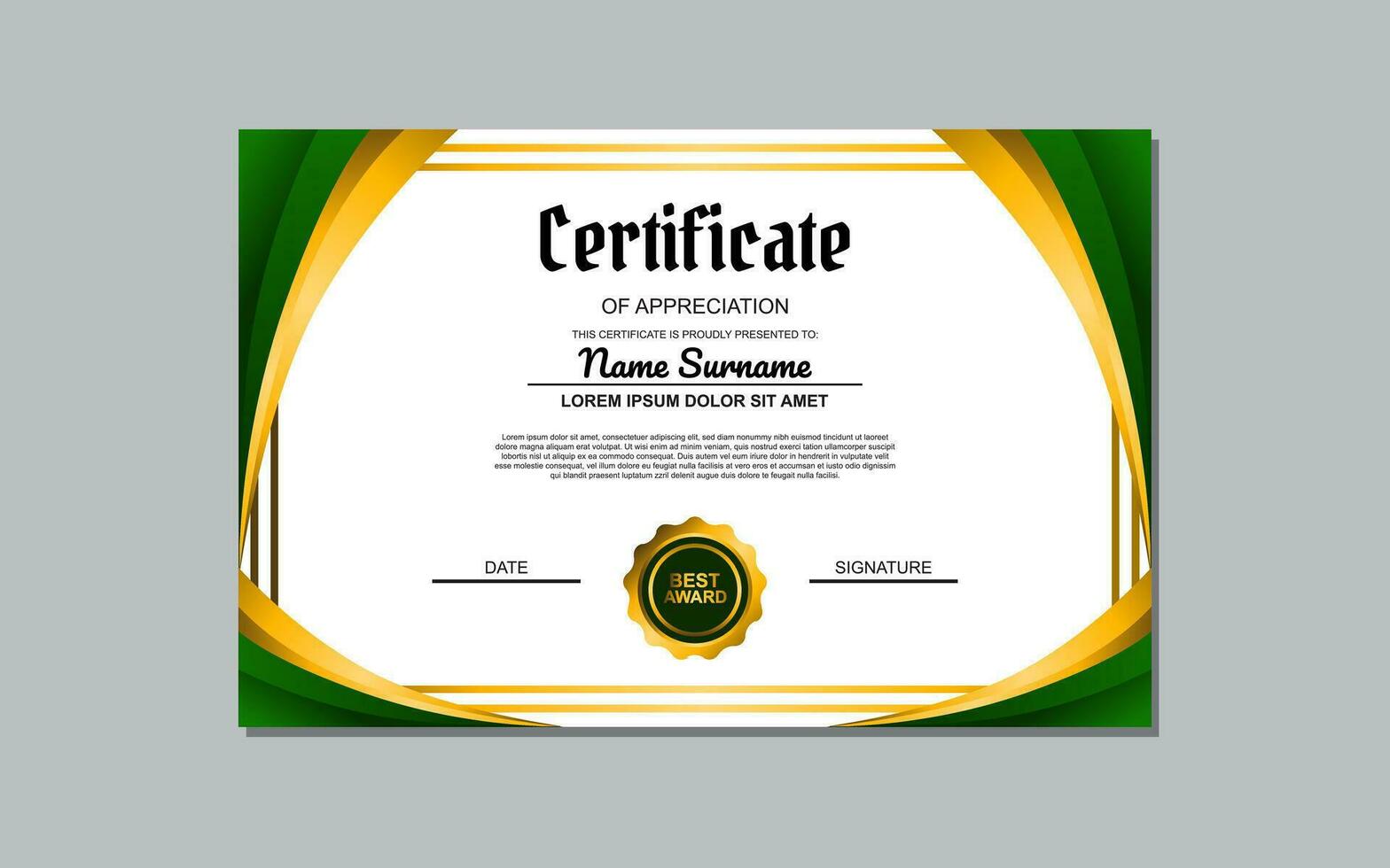 uma certificado modelo com uma verde e dourado ondulado Projeto vetor