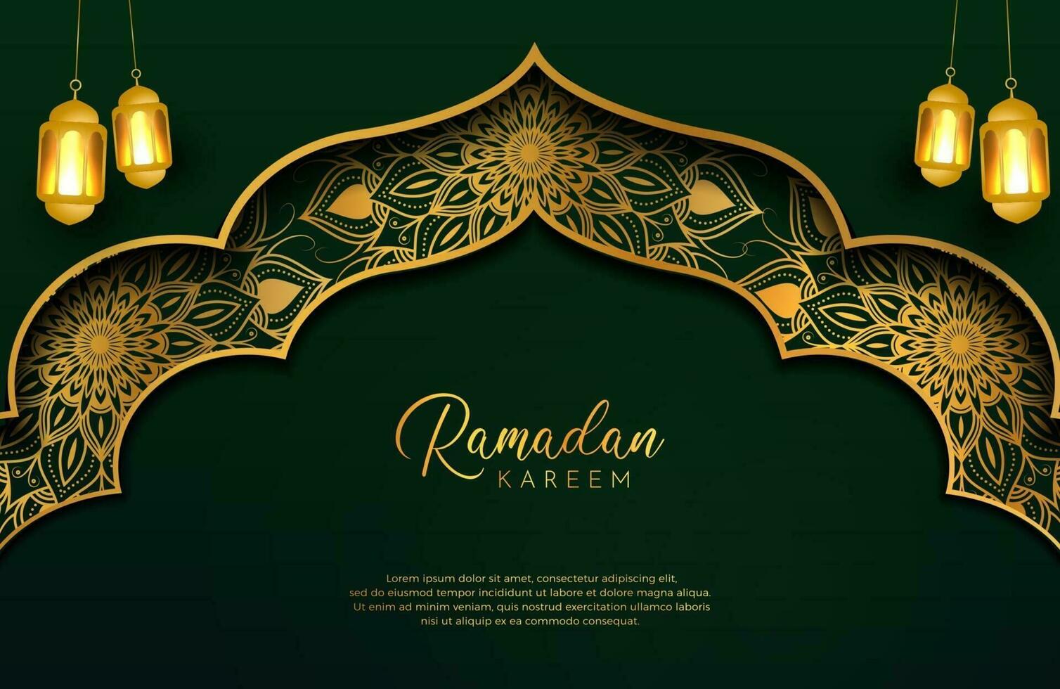 Fundo eid mubarak em ilustração vetorial de estilo de luxo de design árabe verde escuro com lanterna de ouro ou fanoos para as celebrações do mês sagrado islâmico vetor