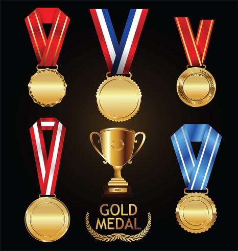 Troféu de ouro e medalha com coleção de vetor de coroa de louros