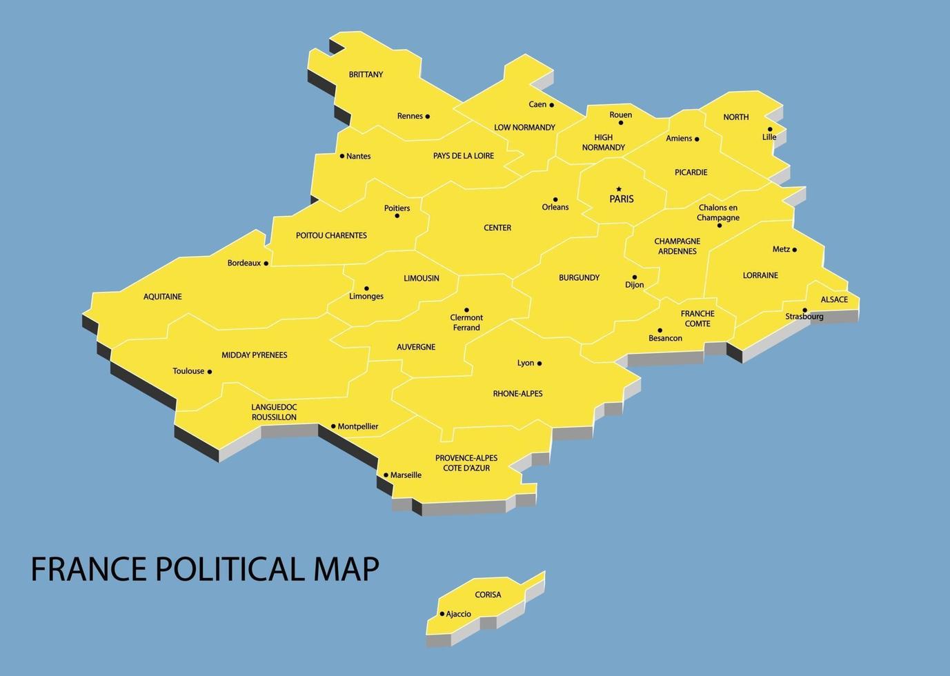 mapa isométrico político da frança dividido por estado vetor