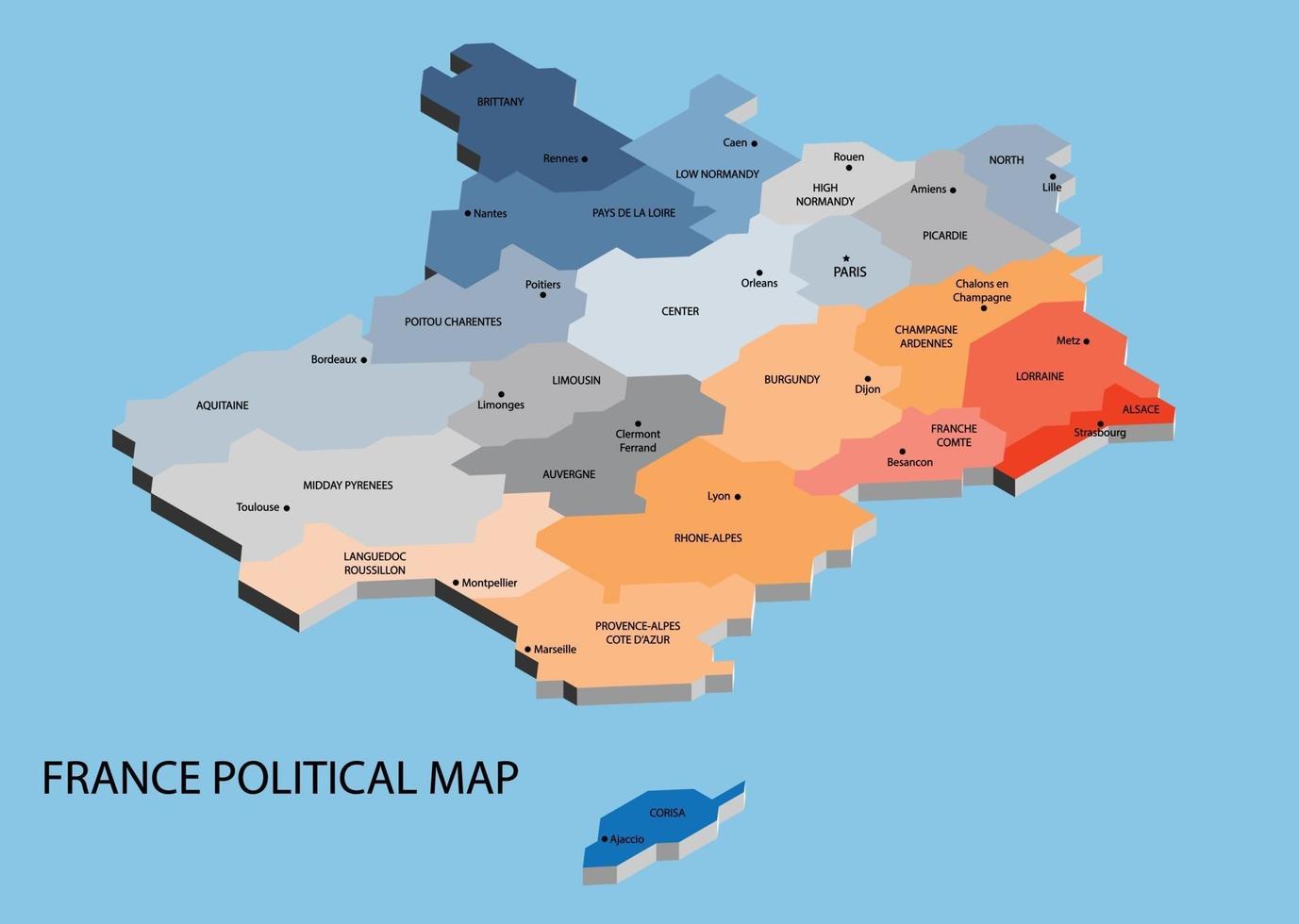 mapa isométrico político da frança dividido por estado vetor