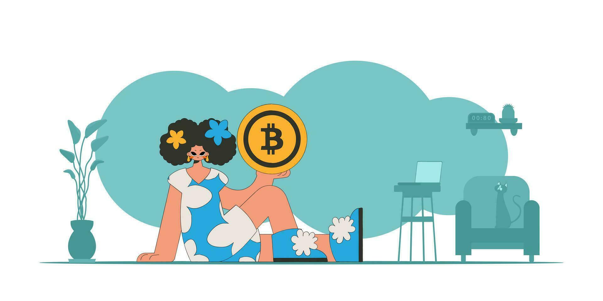 a menina é segurando uma bitcoin moeda. criptomoeda tema. vetor