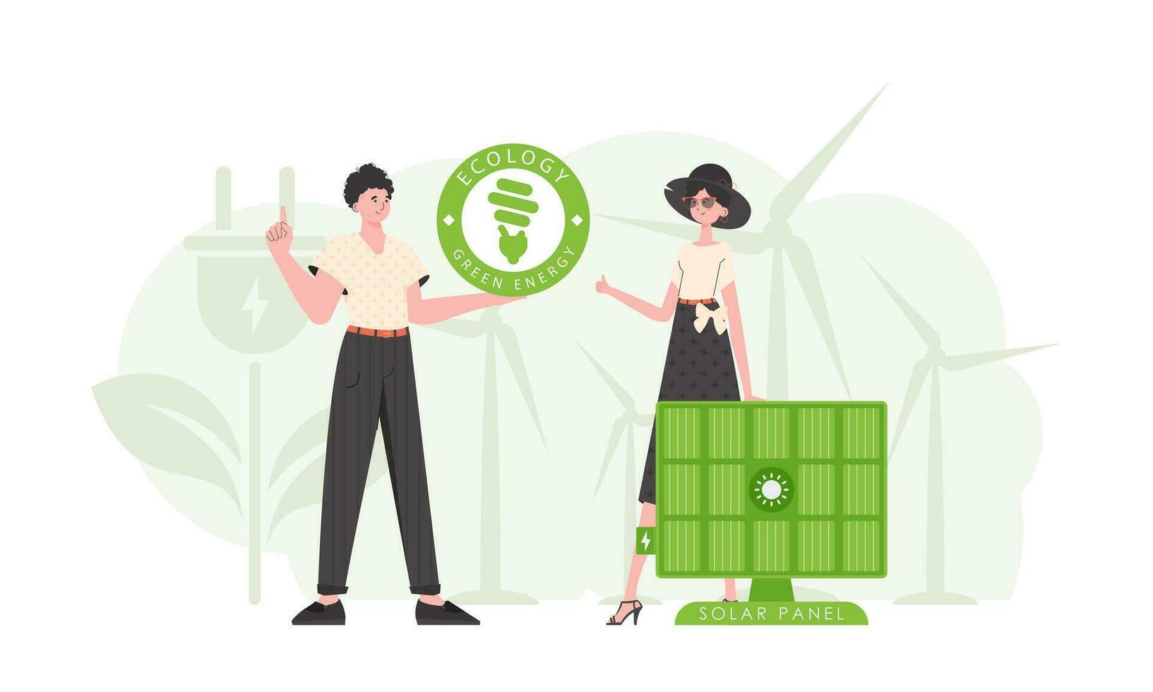 Garoto e menina e solar painel. eco energia conceito. vetor ilustração.