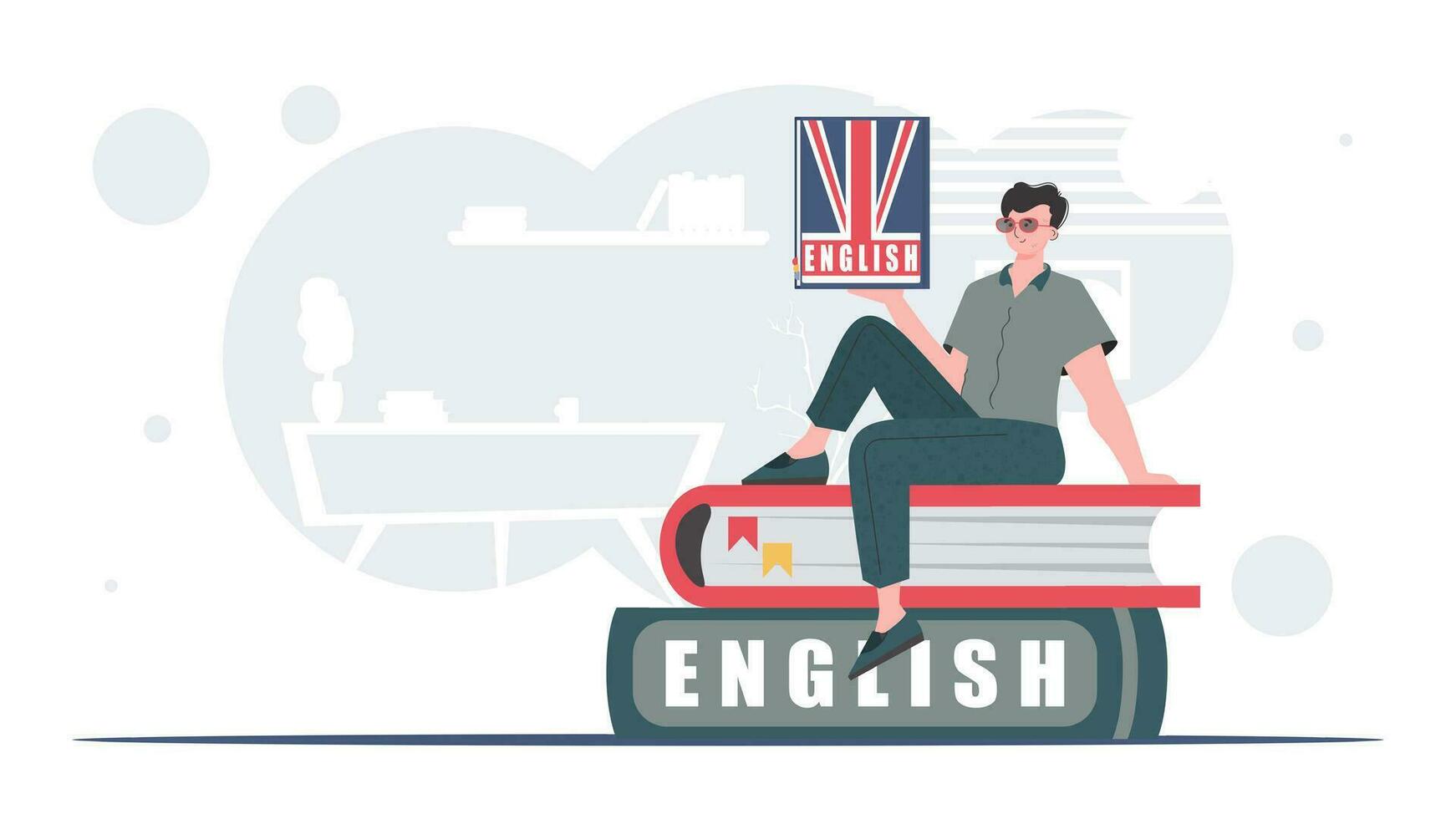 a conceito do Aprendendo inglês. uma homem senta em livros e detém a Inglês dicionário dentro dele mãos. na moda plano estilo. vetor ilustração.