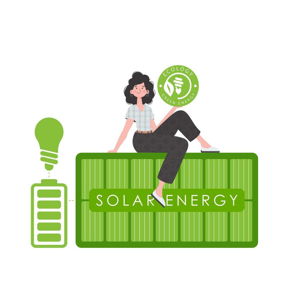 uma mulher senta em uma solar painel e detém a eco logotipo dentro dela mãos. a conceito do verde energia e ecologia. isolado em branco fundo. elegante, na moda estilo. vetor. vetor
