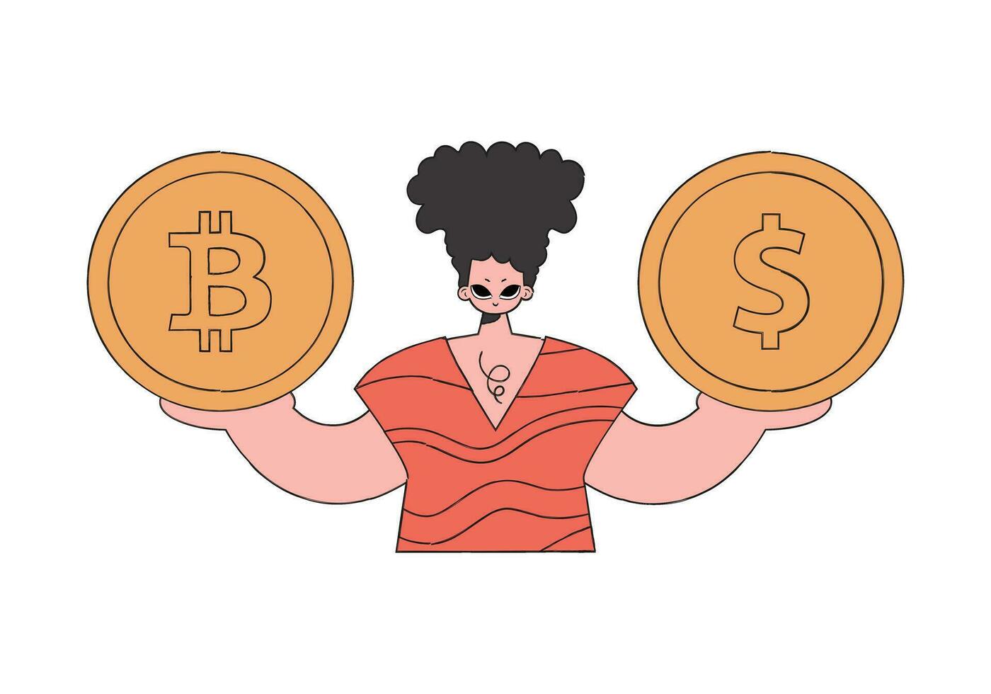 uma homem é segurando uma moeda do bitcoin e dólar. personagem na moda estilo. vetor