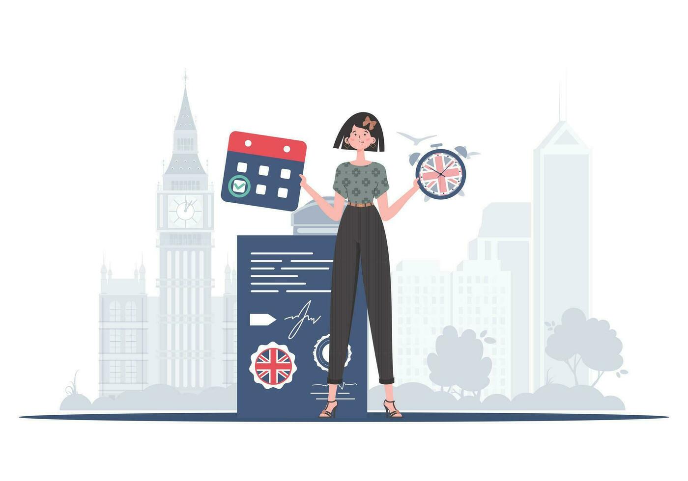 a conceito do ensino inglês. mulher professor mostra este Está Tempo para aprender inglês. na moda estilo. vetor ilustração.