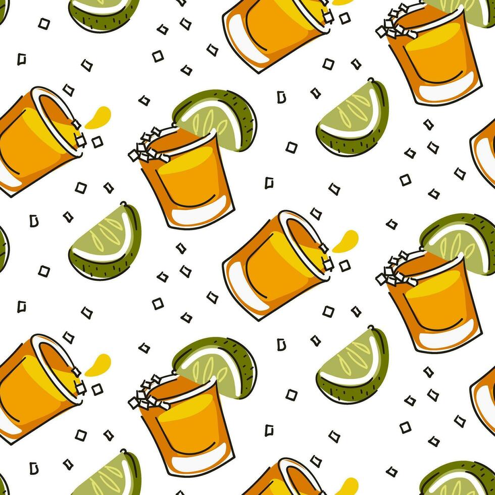 uma padronizar a partir de uma tiro do tequila com Lima e sal. cor desatado vetor padronizar do tequila óculos em uma branco fundo. abstrato, desenho animado imagem com a alcoólico beber impressão em têxteis, papel