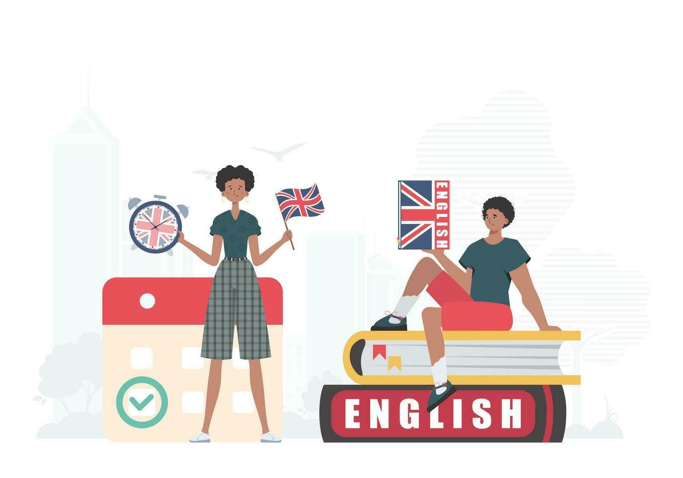 a conceito do Aprendendo inglês. mulher e homem Inglês professores. na moda plano estilo. vetor ilustração.