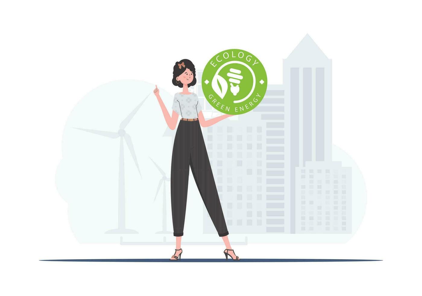 a conceito do verde energia e ecologia. a menina detém a eco logotipo dentro dela mãos. na moda estilo. vetor ilustração.