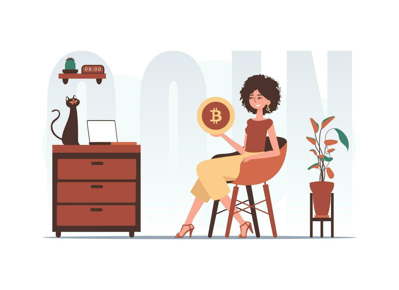 a conceito do mineração e Extração do bitcoin. uma mulher senta dentro uma cadeira e detém uma bitcoin dentro a Formato do uma moeda dentro dela mãos. personagem dentro na moda estilo. vetor