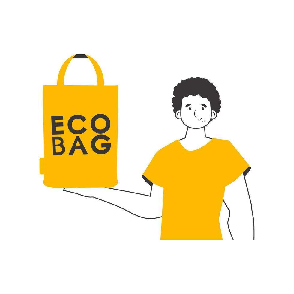 a cara é segurando a eco pacote dentro dele mãos. a conceito do ecológico bolsas e plástico. linear estilo. vetor