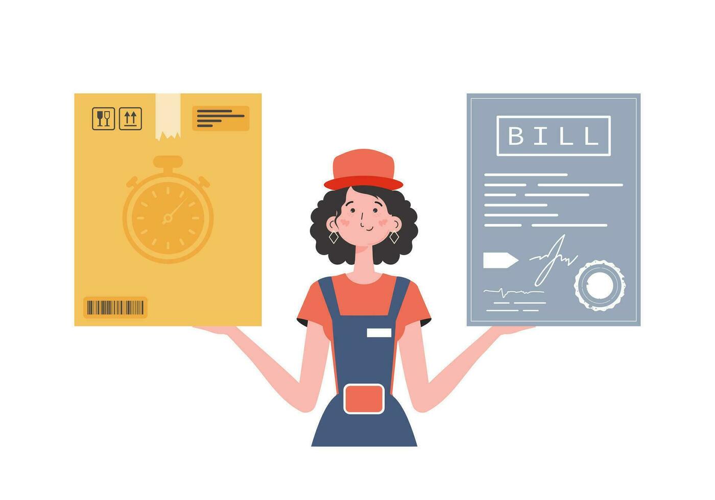 uma mulher correio é segurando uma caixa e uma verificar. Entrega conceito. isolado. desenho animado estilo. vetor. vetor