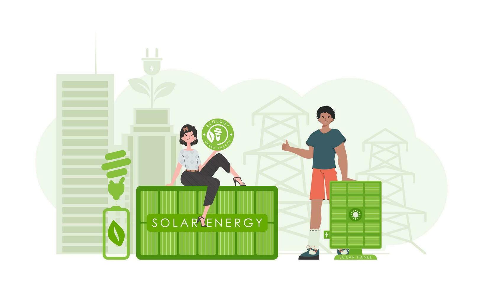 mulher e homem e solar painéis. verde energia conceito. vetor ilustração.