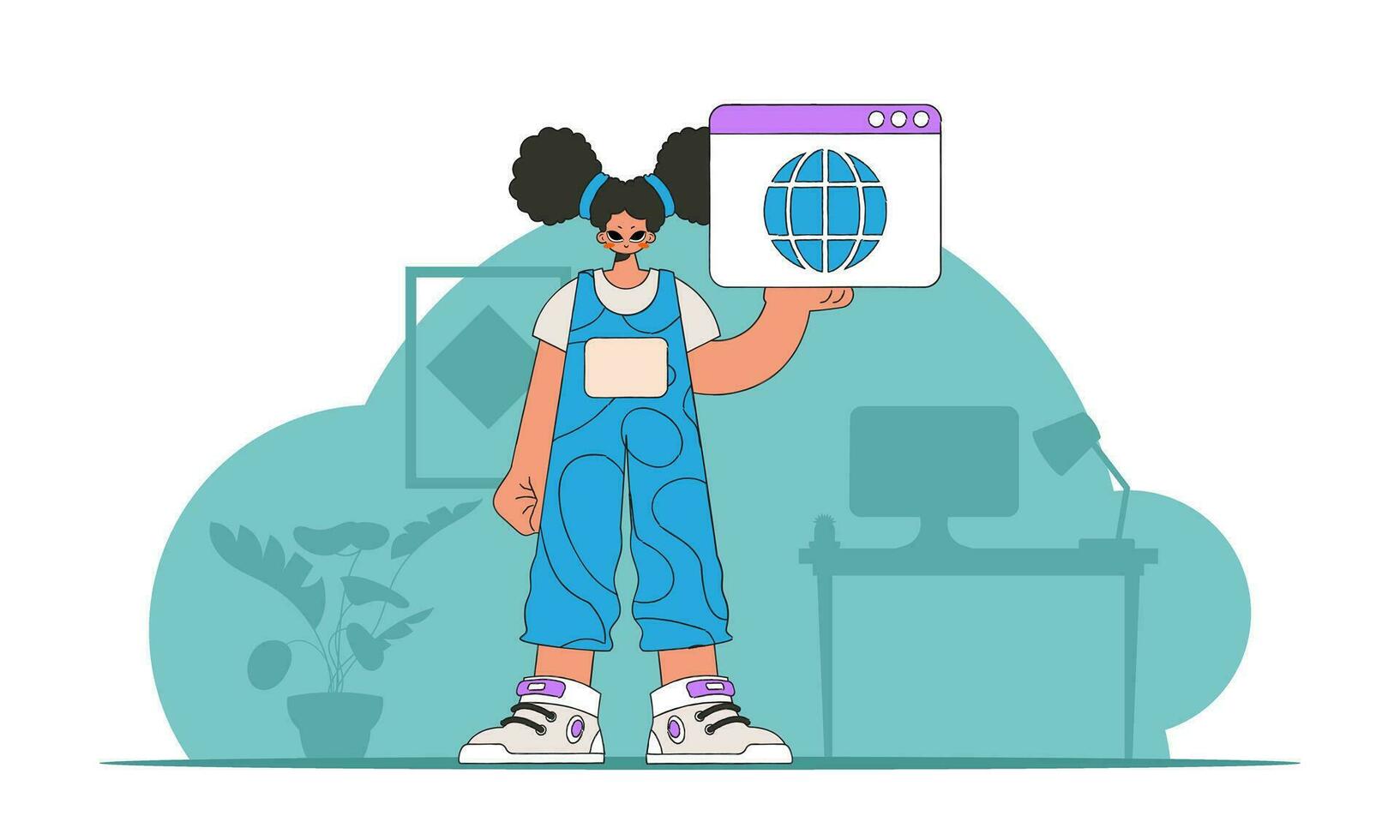 uma brilhante e à moda ilustração do uma mulher usando uma rede navegador. material para educacional contente. perfeito para adicionando uma moderno e tecnologia toque para seu projeto. vetor