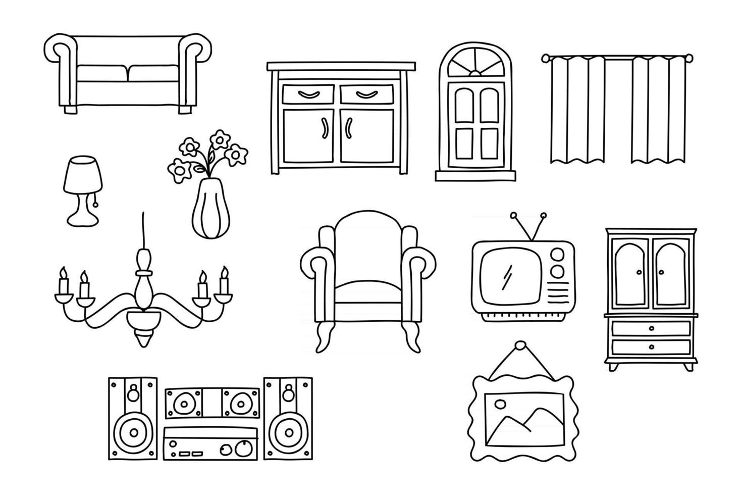 conjunto de móveis de interior doodle. ícone de estilo de desenho de decoração para casa. isolado no fundo branco ilustração vetorial desenhada à mão com tinta simples vetor