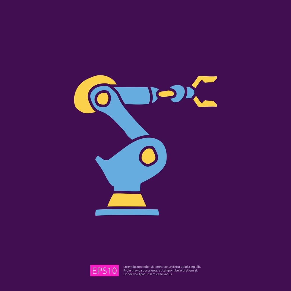 ícone de doodle de máquina de braço de robô industrial. sinal de símbolo de conceito de doodle relacionado à engenharia. ilustração vetorial linha de cor de preenchimento vetor