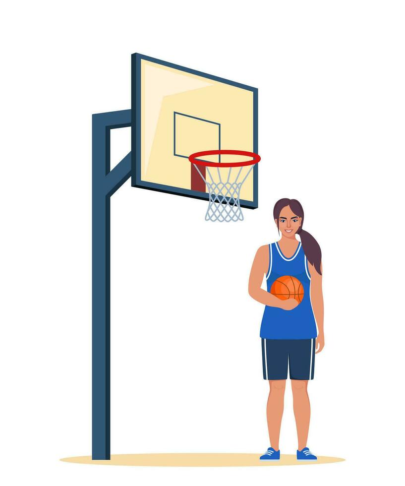 feliz mulher basquetebol jogador dentro uniforme com bola em a basquetebol tribunal. vetor ilustração.