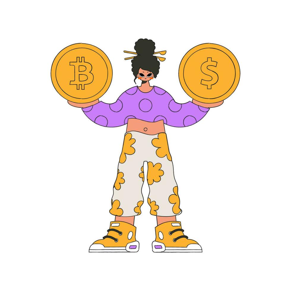 menina segurando dólar e bitcoin. personagem na moda retro estilo. vetor