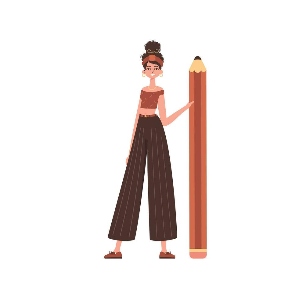 a mulher é segurando uma ampla lápis. moderno estilo personagem. vetor