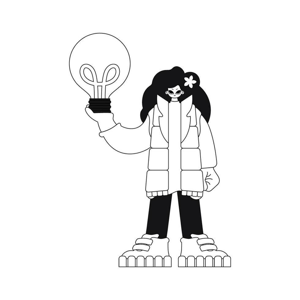 menina detém luz lâmpada, representando Ideias. linear estilo vetor ilustração.