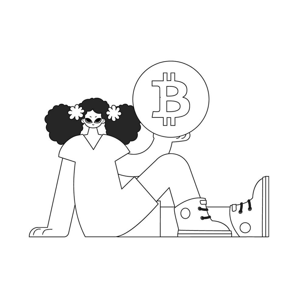 encantador mulher segurando uma bitcoin moeda. jornal Preto e branco estilo. vetor