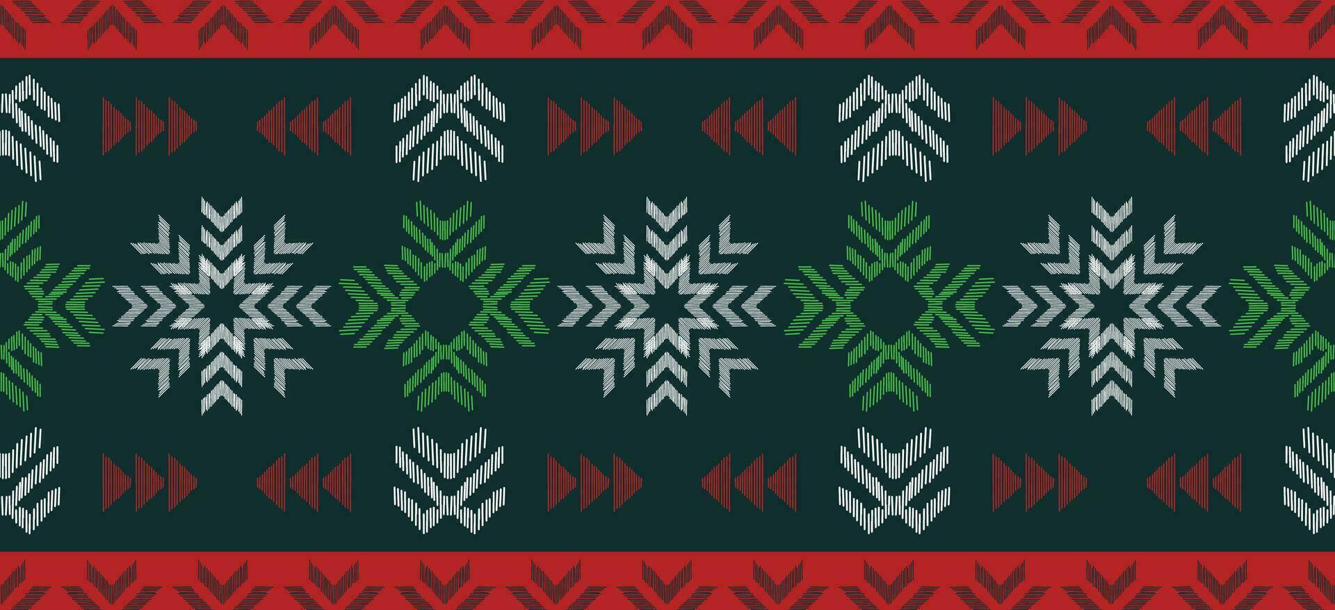 motivo Natal étnico feito à mão lindo ikat arte. Natal fundo. folk bordado Natal padrão, geométrico arte enfeite imprimir. vermelho, verde, branco cores. floco de neve, estrela, poinsétia Projeto. vetor