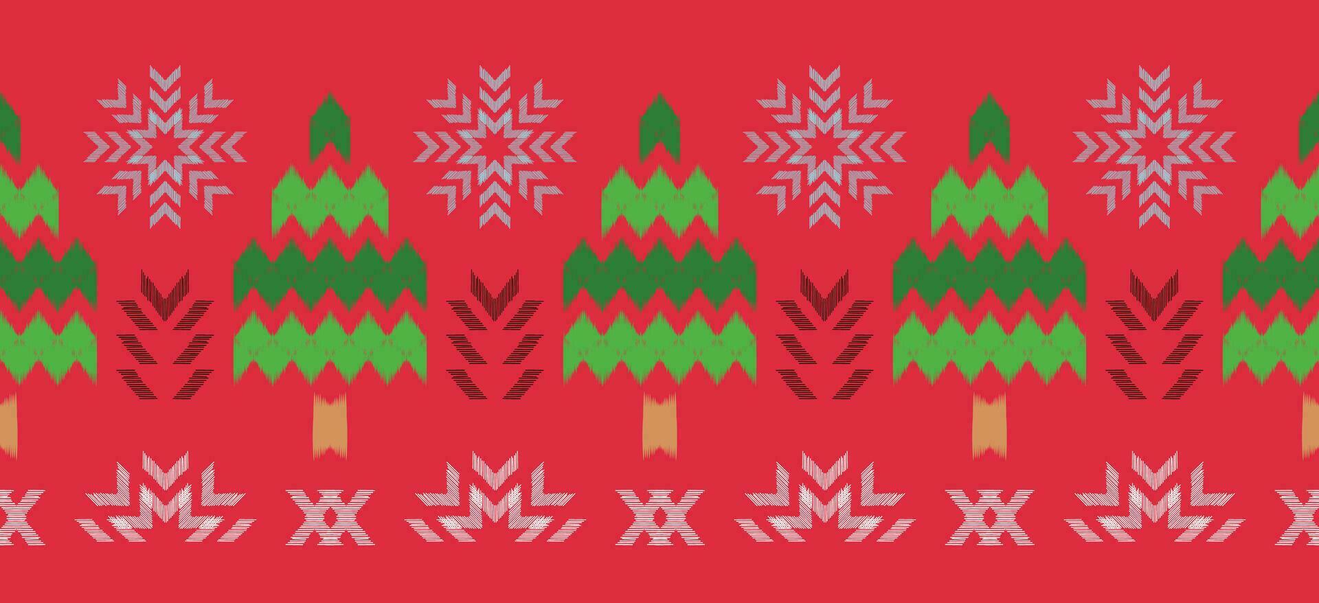 motivo Natal étnico feito à mão lindo ikat arte. Natal fundo. folk bordado Natal padrão, geométrico arte enfeite imprimir. vermelho, verde, branco cores. floco de neve, estrela, poinsétia Projeto. vetor