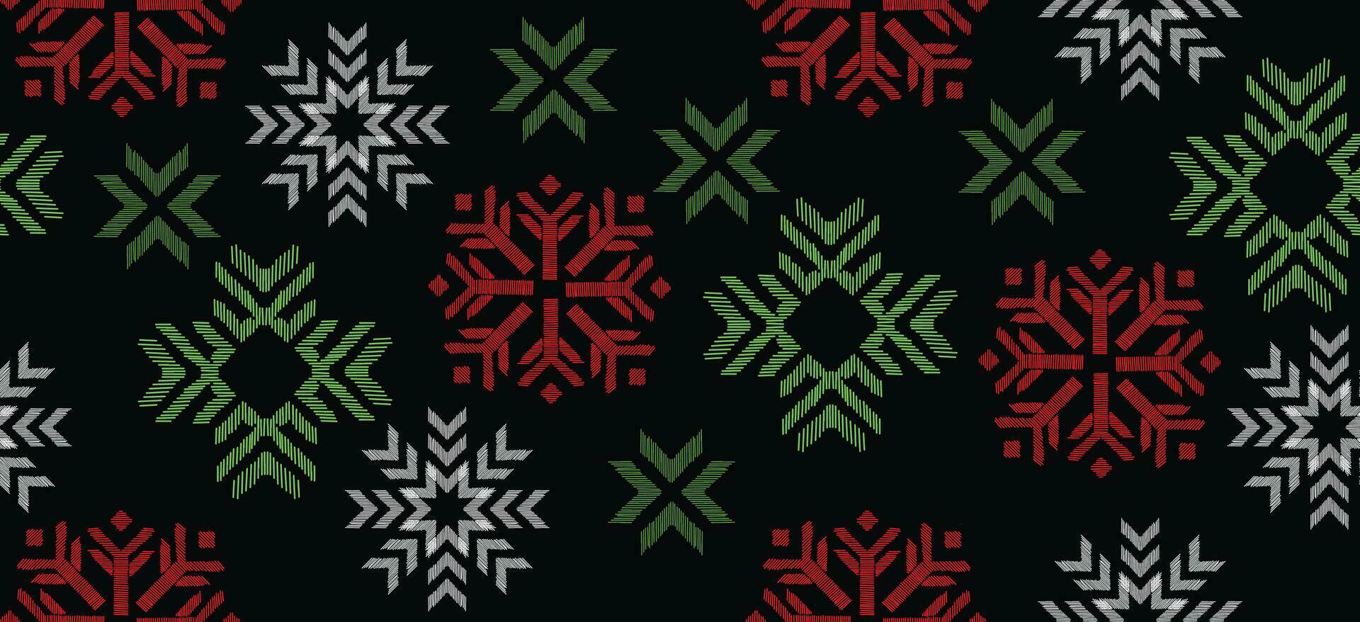 motivo Natal étnico feito à mão lindo ikat arte. Natal fundo. folk bordado Natal padrão, geométrico arte enfeite imprimir. vermelho, verde, branco cores. floco de neve, estrela, poinsétia Projeto. vetor