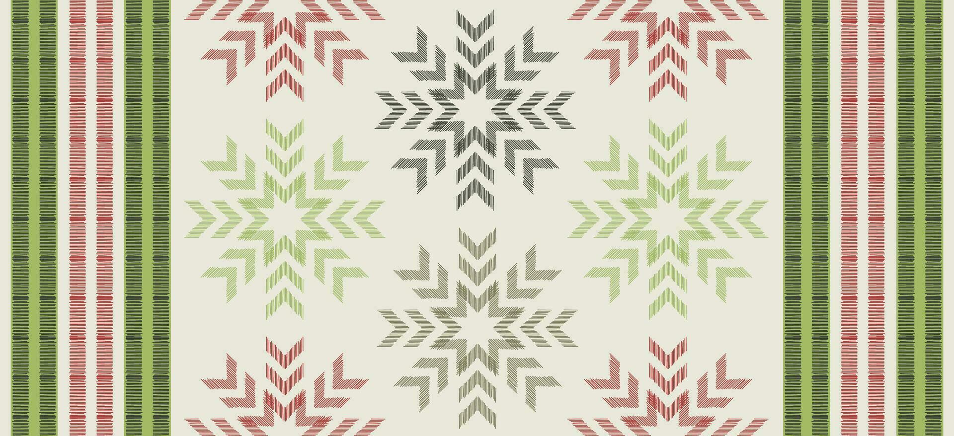 motivo Natal étnico feito à mão lindo ikat arte. Natal fundo. folk bordado Natal padrão, geométrico arte enfeite imprimir. vermelho, verde, branco cores. floco de neve, estrela, poinsétia Projeto. vetor