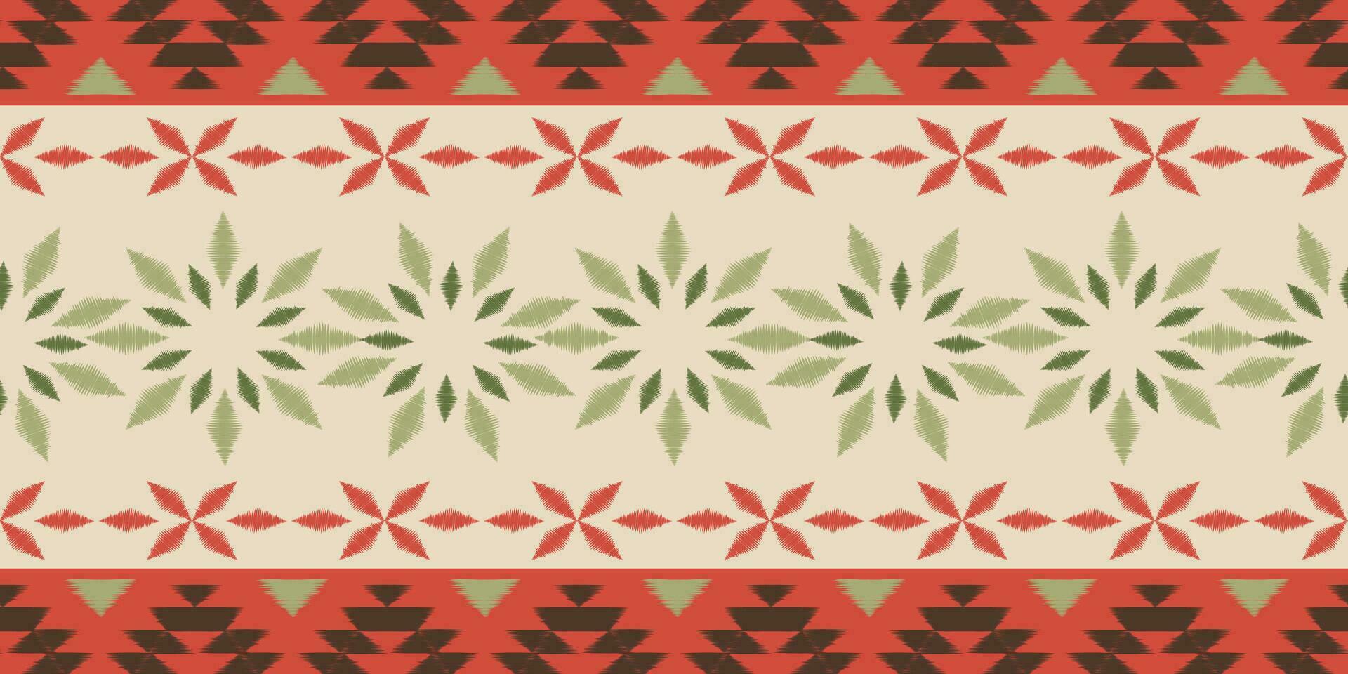 motivo Natal étnico feito à mão lindo ikat arte. Natal fundo. folk bordado Natal padrão, geométrico arte enfeite imprimir. vermelho, verde, branco cores. floco de neve, estrela, poinsétia Projeto. vetor