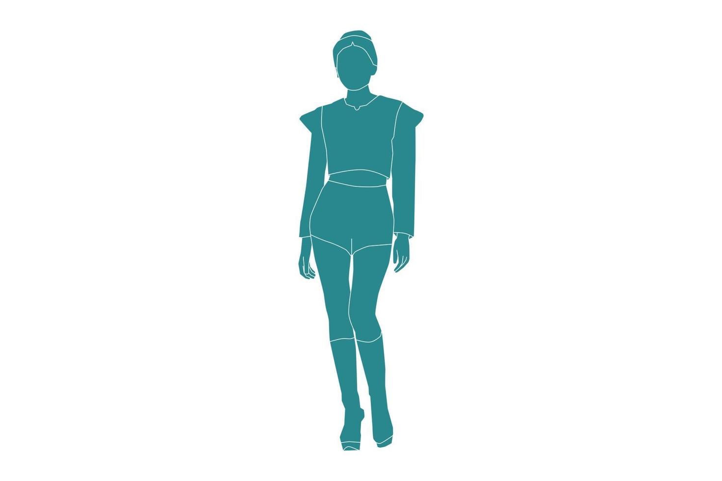 ilustração em vetor de mulher na moda andando na estrada lateral, estilo simples com contorno