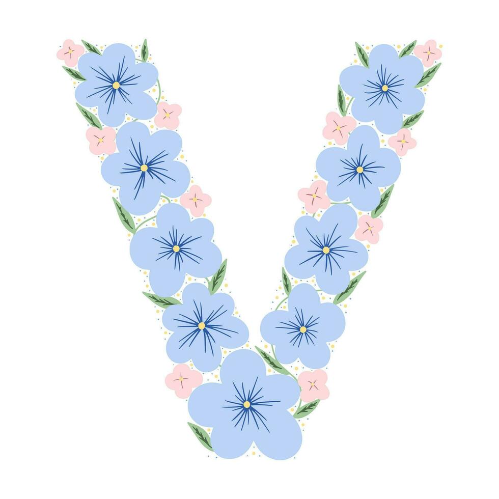 alfabeto botânico floral. carta vintage mão desenhada monograma v. carta com plantas e flores. letras vetoriais isoladas em branco vetor
