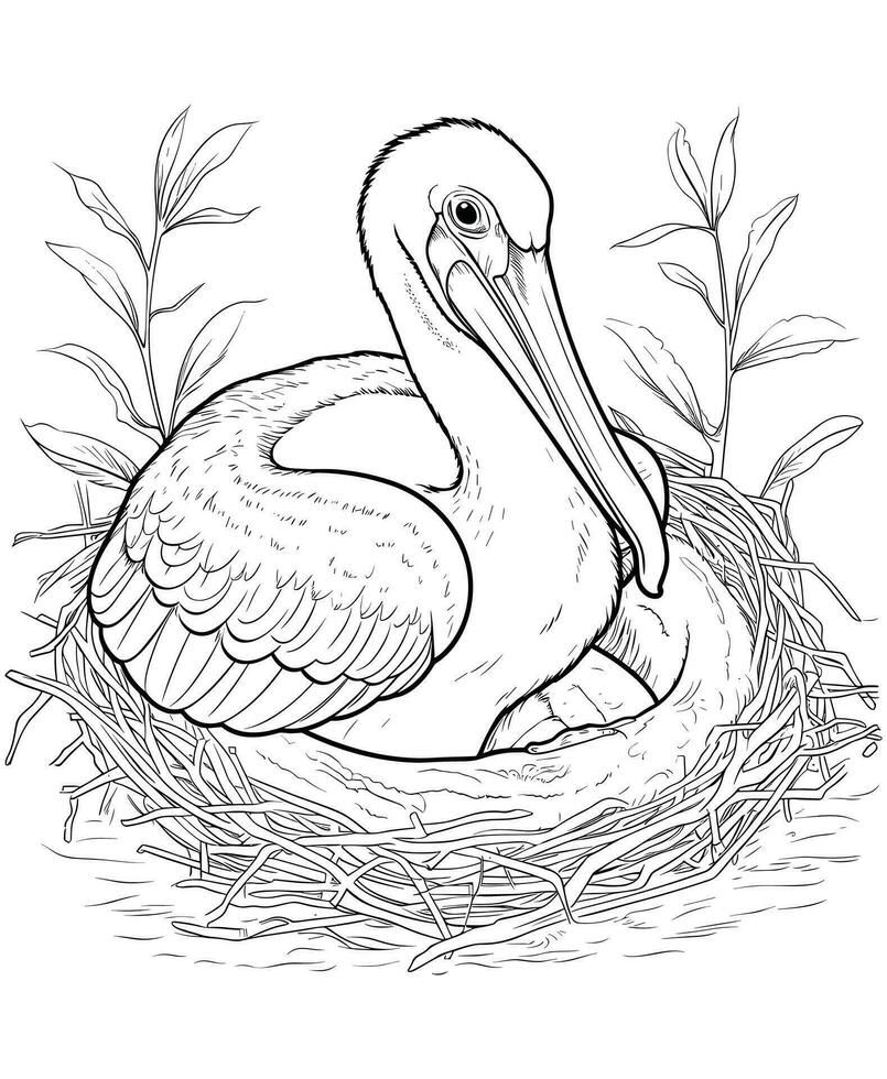 pelicano ovos dentro a ninho coloração página vetor