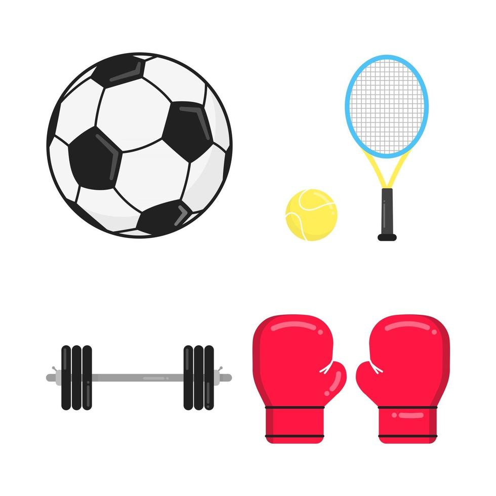 esportes atributos design de estilo plano definir sinais de ícone isolados no fundo branco. bola de futebol, raquete de tênis e bola, barra, luvas de boxe - símbolos de jogos esportivos. vetor