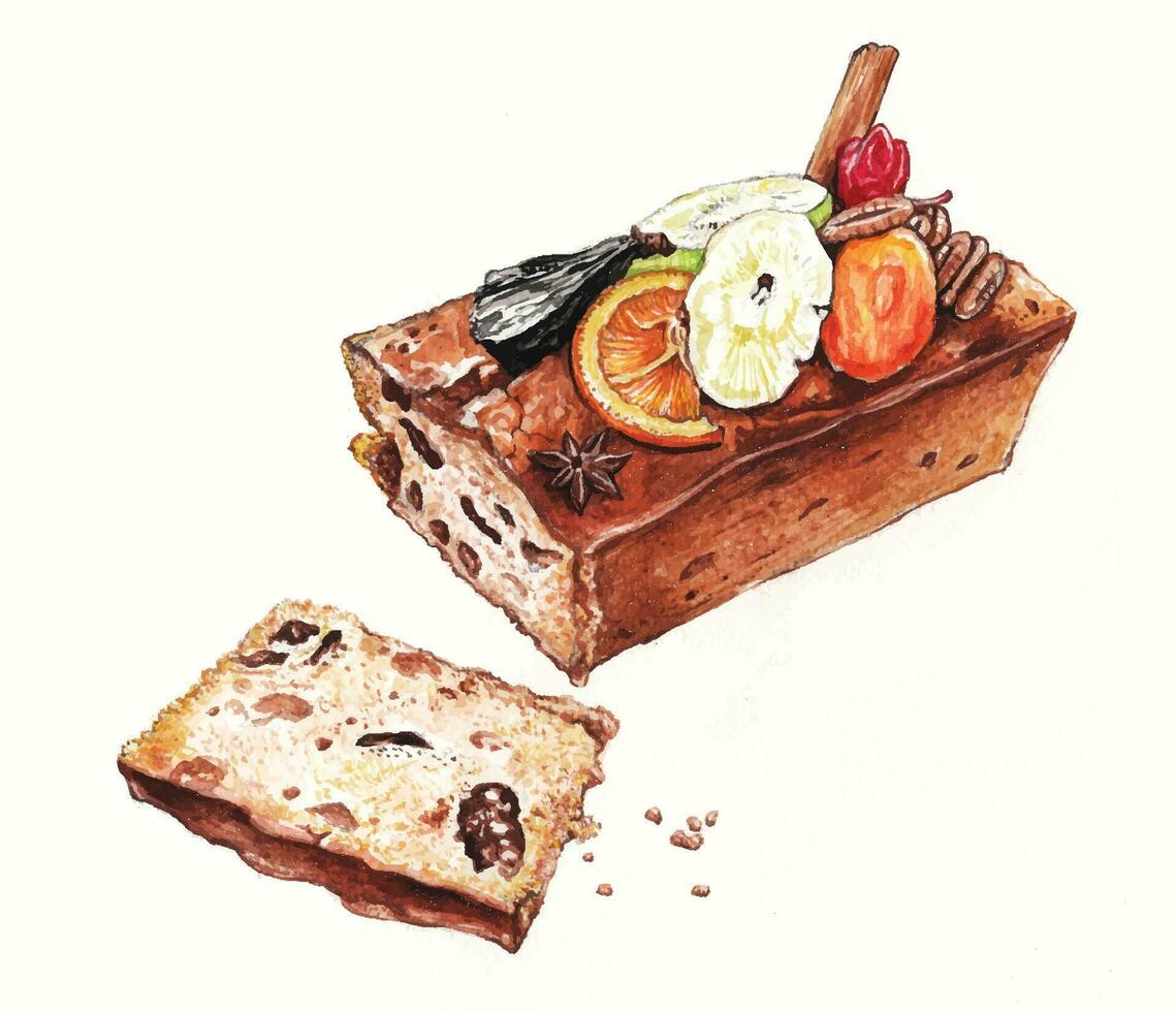 Sombrio rum bolo de frutas mão aguarela pintura em papel faço gráfico vetor. vetor