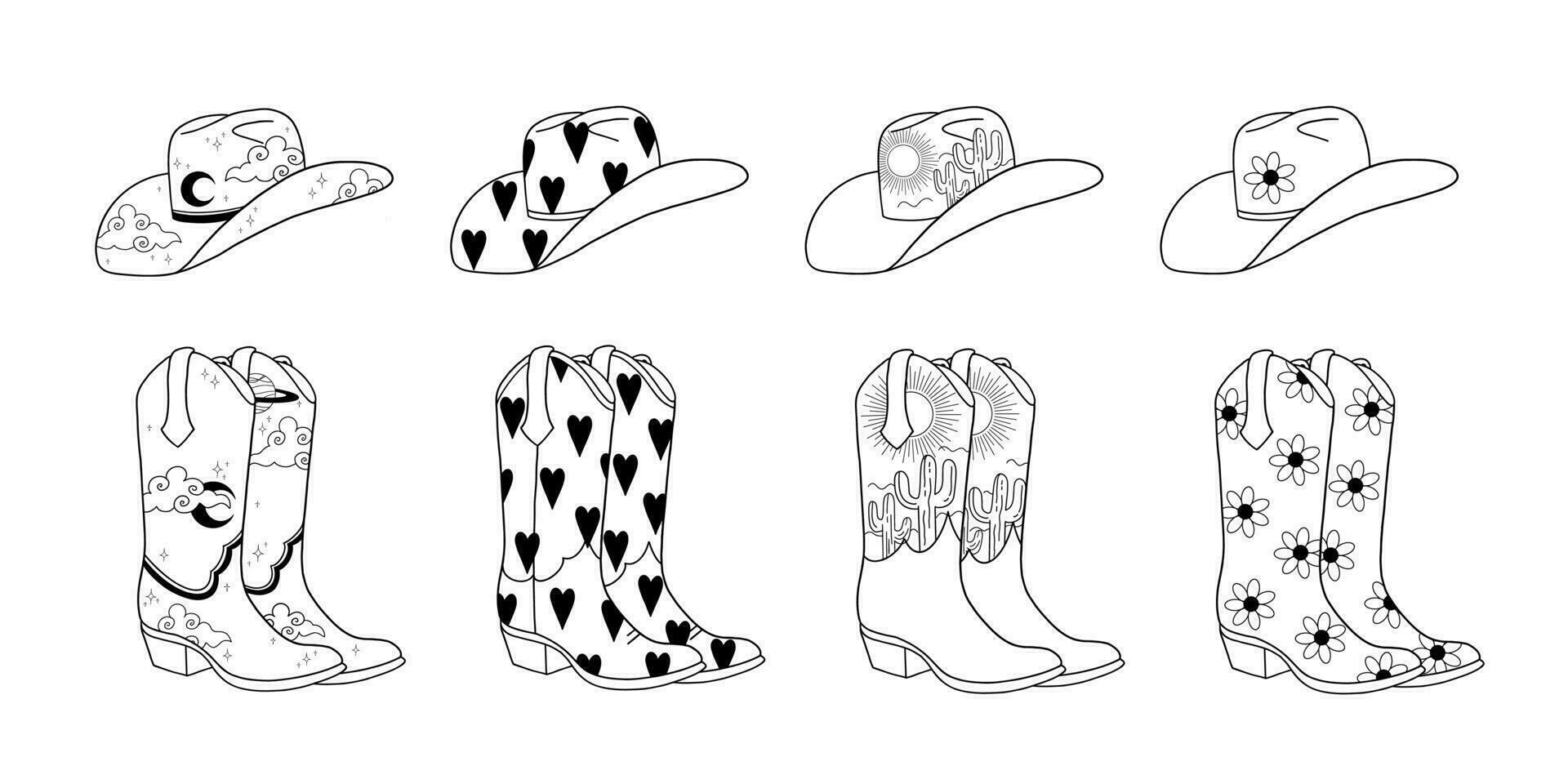 conjunto do vaqueiro chuteiras e chapéus com diferente enfeites. selvagem oeste moda estilo. desenho animado plano ilustrações. mão desenhado vetor conjunto