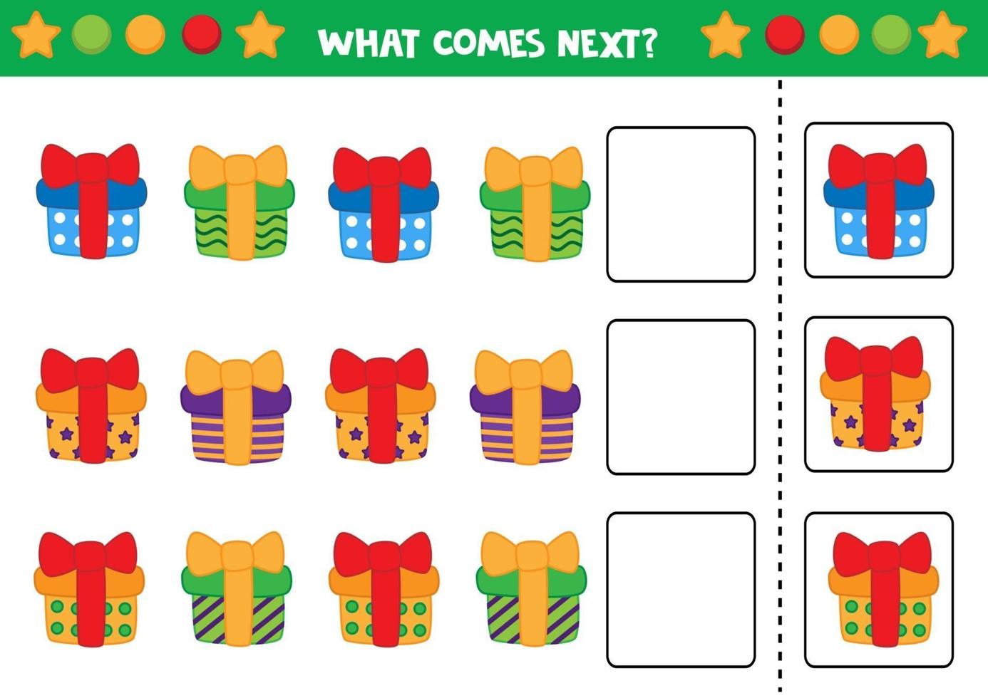 planilha educacional para crianças pré-escolares. o que vem depois. tarefa com caixas de presente de Natal coloridas. vetor
